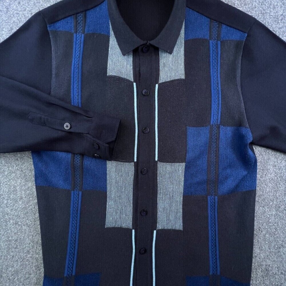 Silversilk Men's Large Button Up Knit Sweater Blue Geometric Rayon Blend